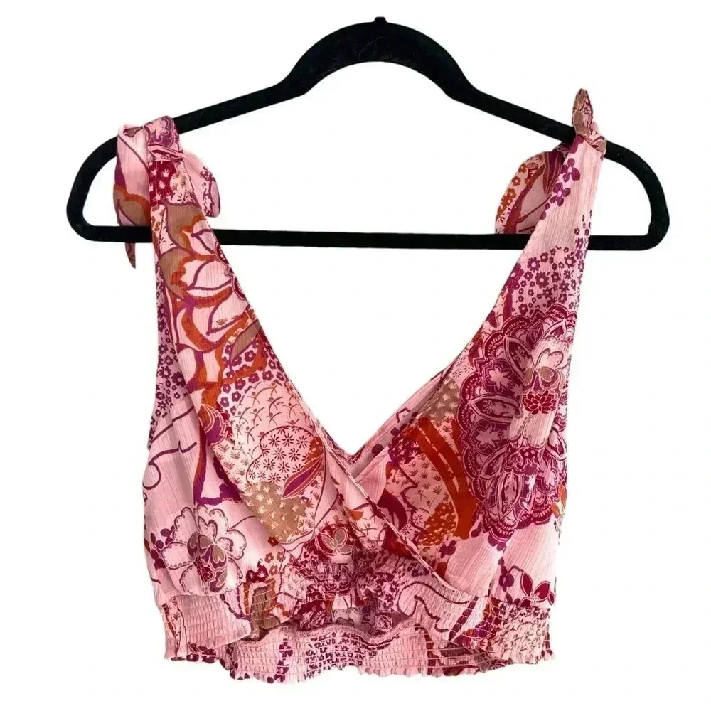 Free People Crop Top Pink Print Tie Strap